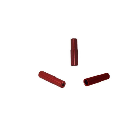 Three red end caps from 10 Piece 4mm Aluminum Bicycle Shift Derailleur Cable Ferrules viewed on white background