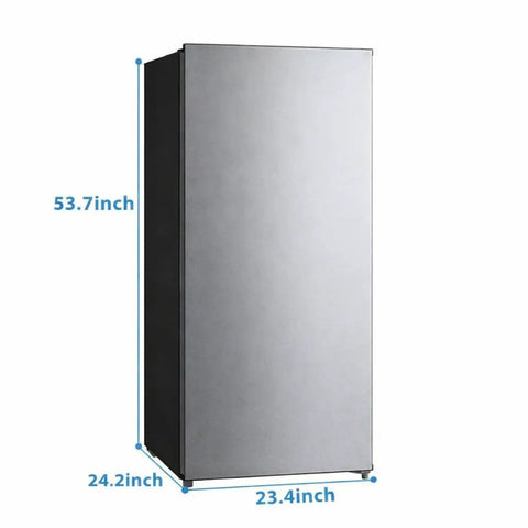 Sleek Upright Freezer With Convertible Refrigerator Setup Seven Point One Cubic Foot Stainless Steel Build side view with dimensions