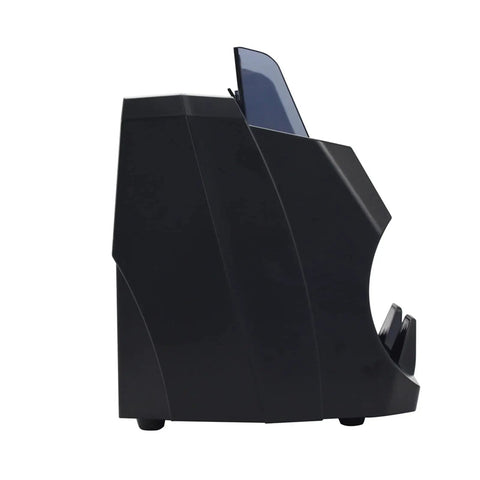 Side view of No Sweat Front Loading Money Counter Machine Automatically Detects Usd Eur Canadian And Peruvian Bills.