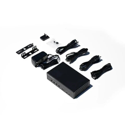 4 Port HDMI 2.0 KVM Switcher With HDCP 2.2, cables and mounting hardware, ideal for connecting four computers.