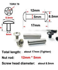 12 Sets Slick Black Five Pointed Star Chicago Screws Premium Stainless Steel 303 Beast Mode Hardware For Tactical Knives And Rugged Camp Gear 5mm X 17mm with dimensions and specifications.