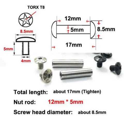 12 Sets Slick Black Five Pointed Star Chicago Screws Premium Stainless Steel 303 Beast Mode Hardware For Tactical Knives And Rugged Camp Gear 5mm X 17mm with dimensions and specifications.