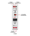 12V DC DIN Rail Power Supply 1.67 Amp 20W AC To DC Converter For Industrial Panels 85 To 264 VAC Input Durable Plug And Play Utility For Control Boxes. Front view with terminals and adjustable potentiometer
