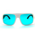 Top Tier Badass Laser Safety Glasses Featuring Heavy Duty OD4 Plus Filter And Crystal Clear Lenses Providing Superior Eye Protection For 635 Nm 650 Nm 694 Nm Red Lasers, white frame with blue lenses.
