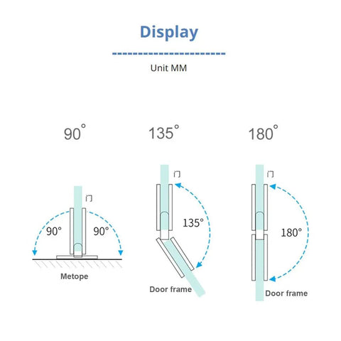 Diagram showing angles of a brushed gold glass door clip clamp and hinge for 8 to 12mm toughened glass stainless steel 304 hardware.