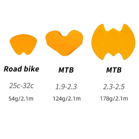 Comparison chart of Air-Liner Tire Insert For Tubeless-Ready Bike Tires, showing sizes for road and MTB in orange.