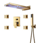 Top Tier Matte Black Wall Mounted Led Rainfall Shower System With Three Way Diverter Valve And Slick Blue Green Red Mood Lighting For High Performance Bathrooms, showing gold finish and LED features.