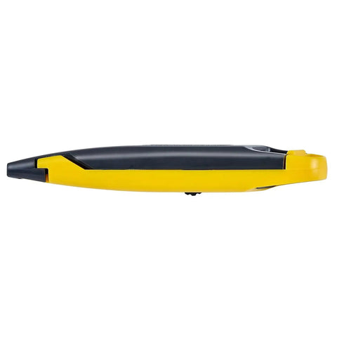Side view of a light duty utility knife with retractable blade yellow built for quick easy cuts includes five heavy duty blades and patented snap