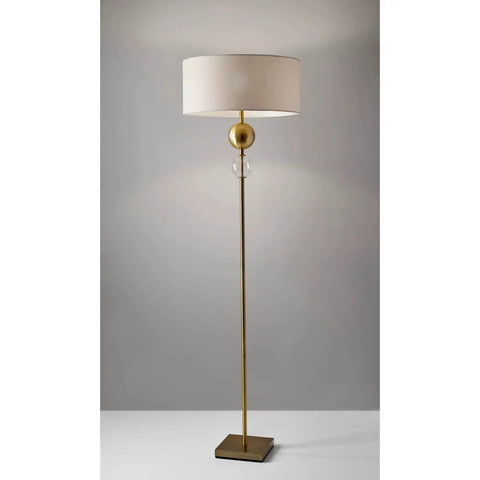 Chole Floor Lamp 69 Inch Tall With Antique Brass Finish Clear Glass Globe Off White Shade and 3 Way Rotary Socket
