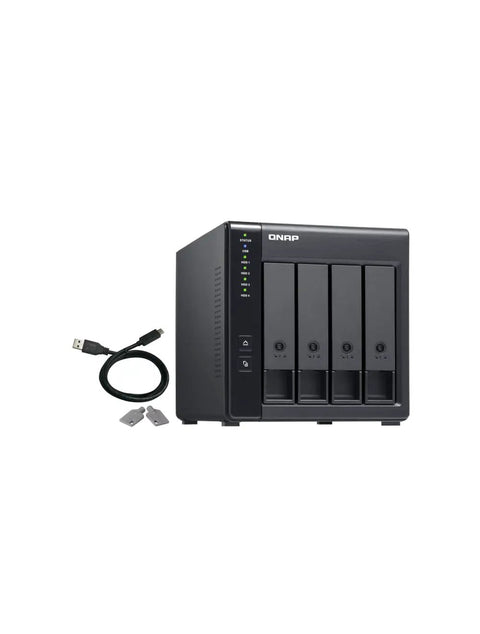 Plug And Play 4 Bay USB C Direct Attached Storage Box Featuring Hardware RAID For 3.5 Inch SATA Drives with USB cable and keys.