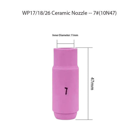 A Solid Ten-Pack Set Of Premium Alumina Ceramic Cups For TIG Welding Guns for WP17 18 26, pink ceramic nozzle size 7, 11mm diameter, 47mm height.