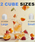 Bullet ice cube mold banner showing two sizes: large 25x24mm and small 22x26mm with drinks and fruit.