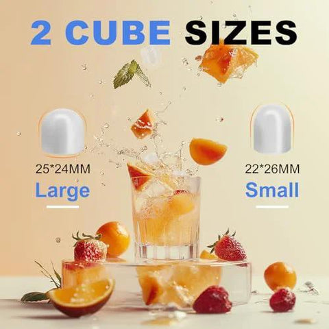 Bullet ice cube mold banner showing two sizes: large 25x24mm and small 22x26mm with drinks and fruit.