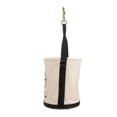 Side view of Canvas Tool Bucket With Drain Holes, Heavy Duty Canvas Pail For Tools And Gear, showing hanging strap and plastic bottom.