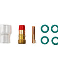7 Piece Stubby Gas Lens TIG Welding Torch Accessory Kit With #12 Glass Cup For WP-17, WP-18, Wp-26 Air Cooled Torches showing glass cup, copper nozzle, and O-rings.