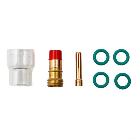 7 Piece Stubby Gas Lens TIG Welding Torch Accessory Kit With #12 Glass Cup For WP-17, WP-18, Wp-26 Air Cooled Torches showing glass cup, copper nozzle, and O-rings.