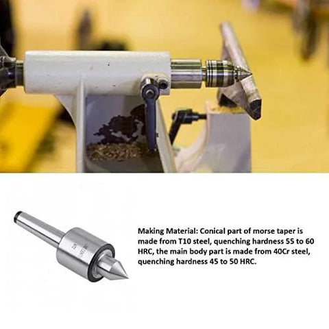 MT2 live center installed in lathe tailstock; close-up shows 60° point and T10 steel Morse taper.
