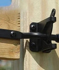 Heavy Duty Automatic Gate Latch That Auto Locks Like A Champ securely fits wood or metal fences with sleek black steel design.