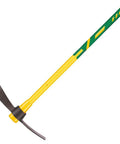 36 Inch Heavy Duty Mattock With Dual Head Forged Heat Treated Steel Blades Fiberglass Handle, yellow and green handle visible