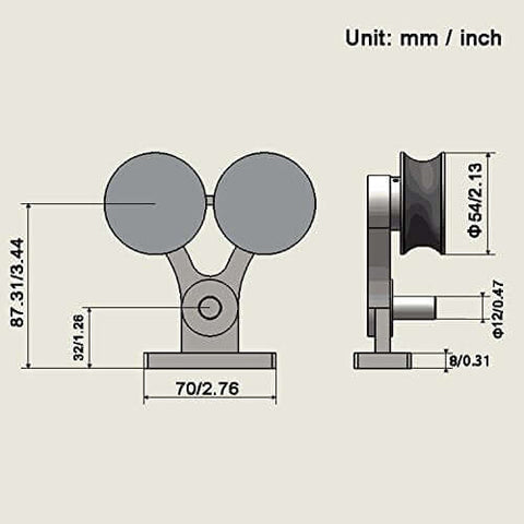 Diagram of Apex Stainless Steel Sliding Barn Door Hardware Kit 8 Foot Track Double Door Kit With Top Mount Rollers dimensions.