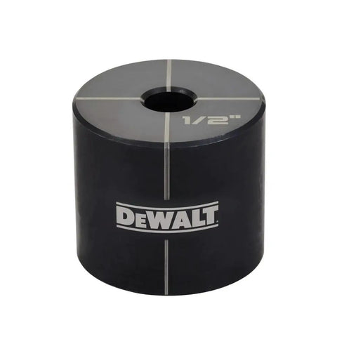 Close-up of DeWalt One Half Inch To Two Inch Knockout Set punch for electrical boxes, featuring durable metal construction and quick-change bushing.
