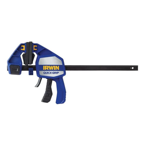 Heavy Duty One Hand Bar Clamp For Woodworking And Shop Fixes With Quick Toggle Spreader Mode And Grippy Pads That Lock Down Tight Without Bending Or Scuffing On Demanding Builds Right Now, side view of blue clamp with ergonomic grip.