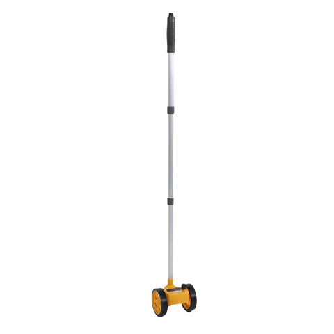 Hilitand Rolling Measuring Wheel, Lightweight, 41.7in Extendable, upright view showcasing the yellow and silver design with wheels.