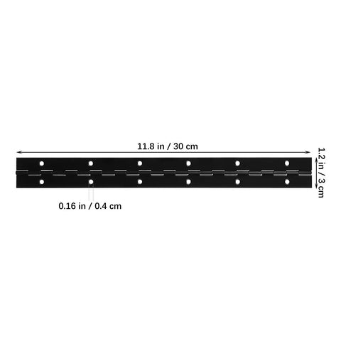 Heavy Duty Iron Piano Hinges Wear Resistant Black Continuous Metal Hinges With Screws Two Pack shown with measurements