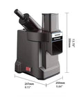 Front view of Amazon 4-in-1 Electric Vegetable Slicer & Chopper with dual feed chutes; dark gray kitchen appliance.