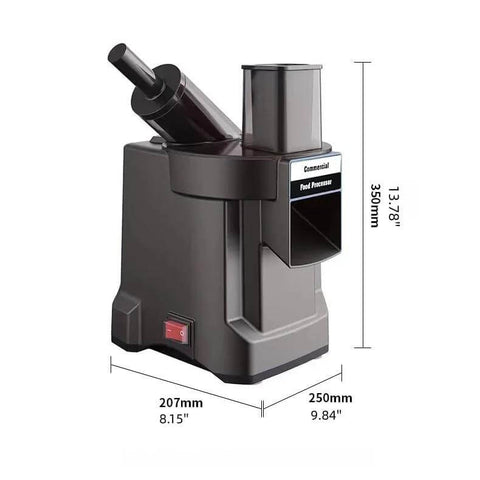 Front view of Amazon 4-in-1 Electric Vegetable Slicer & Chopper with dual feed chutes; dark gray kitchen appliance.