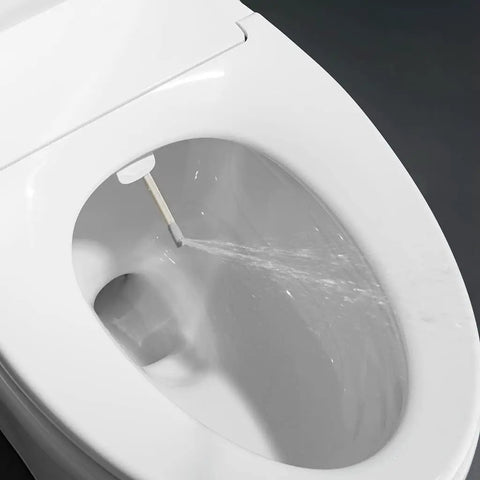 Non Electric Bidet Toilet Seat With Self Cleaning Retractable Nozzle For Elongated White Toilet Seats No Fuss Easy Installation And Adjustable Water Pressure CUPC Certified showing water spray.