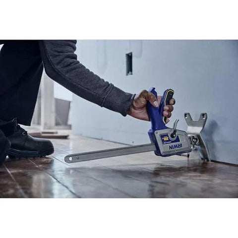IRWIN Quick-Lift construction jack, blue-handled hand lifting tool with long steel bar on wooden floor