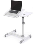 Grab And Go Rolling Sit Stand Desk With Smooth Adjustable Tilt, Portable Standing Lecture Podium For Modern Workspaces with a laptop.