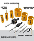 Front view of DEWALT Bi-Metal Hole Saw Kit with mandrel, back plate, and yellow saws in multiple sizes.