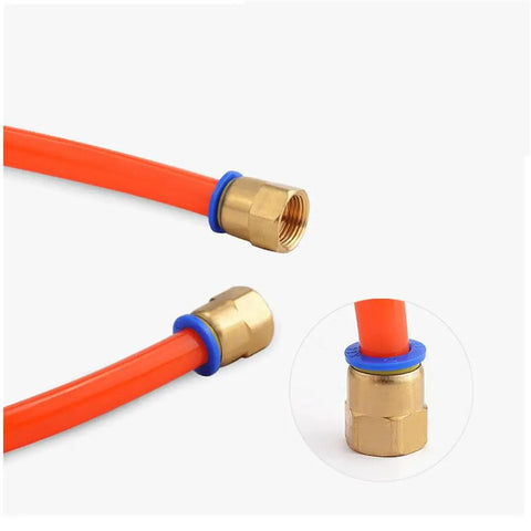 Close-up of Smooth Sailing Push In Pneumatic Fittings Thousand Piece Bulk Set featuring orange hose with brass and nylon caps.