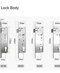 Lock body options for Slick Smart Lock featuring various sizes: 30mm, 35mm, 40mm, 45mm for wood or metal doors.