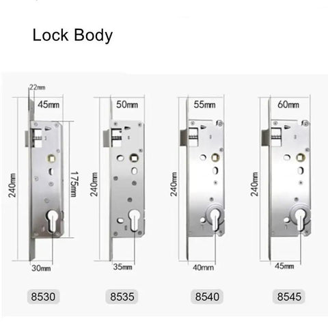 Lock body options for Slick Smart Lock featuring various sizes: 30mm, 35mm, 40mm, 45mm for wood or metal doors.