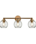 Astoria 3 Light Bath Bar in Satin Gold with clear glass mounts shown facing down, ideal for modern vanities, uses 60W medium base bulbs.