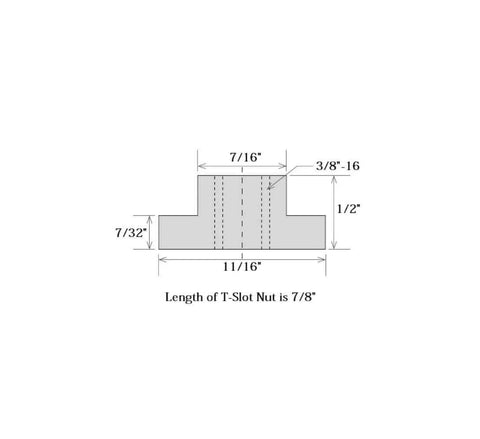 Diagram of T-slot nut dimensions for 58 Piece Milling Machine Clamping Kit Built Tough With 7/16 Inch T Slot, 3/8-16 Studs.