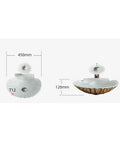 Upgrade Your Bath Game With This Killer Shell Tempered Glass Vessel Sink and Waterfall Faucet Featuring Hot Cold Rotary Mixer Tap Heavy Duty Countertop Wash Basin Smooth Durable Build, top view and dimensions