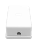 Top Shelf Surface Mount Single Port RJ11 Phone Jack With Four Screw Terminals For Smooth Landline Fax Hookup Hassle Free Install Works Flawlessly On Any Standard White Wall Plate, front view of white ABS housing.