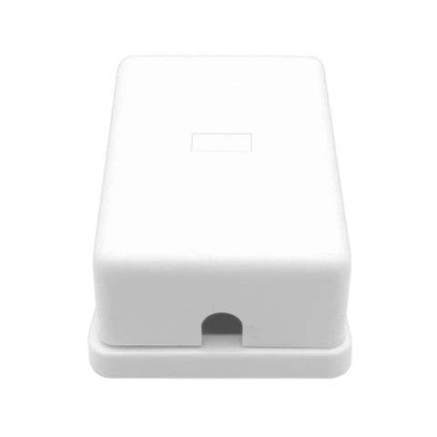 Top Shelf Surface Mount Single Port RJ11 Phone Jack With Four Screw Terminals For Smooth Landline Fax Hookup Hassle Free Install Works Flawlessly On Any Standard White Wall Plate, front view of white ABS housing.
