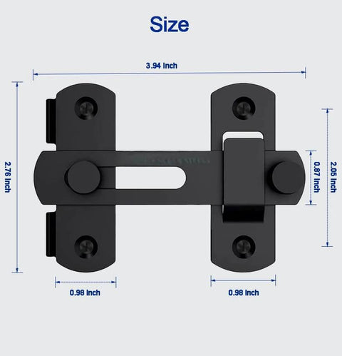 Heavy Duty Barn Door Lock With 180 Degree Flip Latch For Privacy And Child Safety, No Brainer Install, Built Tough Stainless Steel Build, Ideal For Barn Doors, Pet Doors, Bathrooms, Sliding Doors And Cabinets; front view with size dimensions