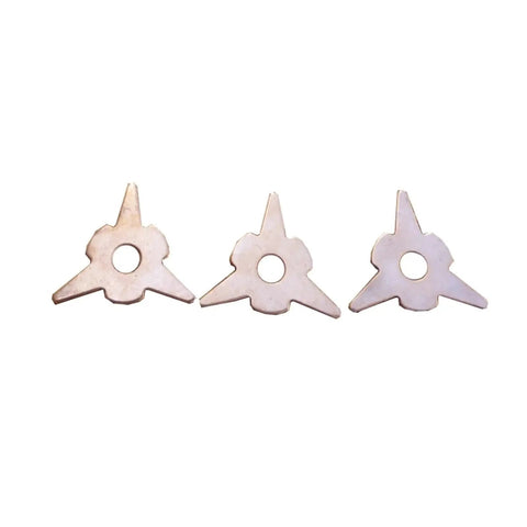 Three round star pads from the 100-Piece Pro Grade Stud Welding Kit Accessories With Straight And Twisted Dent Pulling Rings, Hook Washers And Round Star Pads For Fast, Durable Sheet Metal Repair.