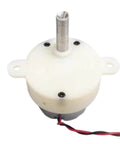 Front view of CHANCS 6V DC gear-reducer motor with 18mm shaft in white plastic housing; red and black wires.