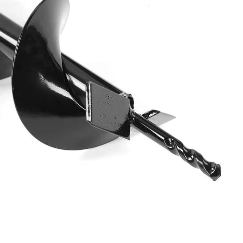 Close-up of 100x800mm heavy duty hole digger drill bit for quick tree planting and post holes, ground auger blade for easy soil turning