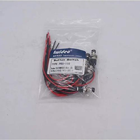 Pack of Momentary Push Button Switch 2 Pin SPST Normally Open Mini Round 7mm Black Button With Pre Soldered Wires in packaging