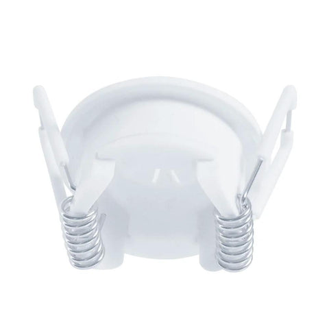 Front view of white plastic mini spring-lock cable pass-through port with side metal springs.