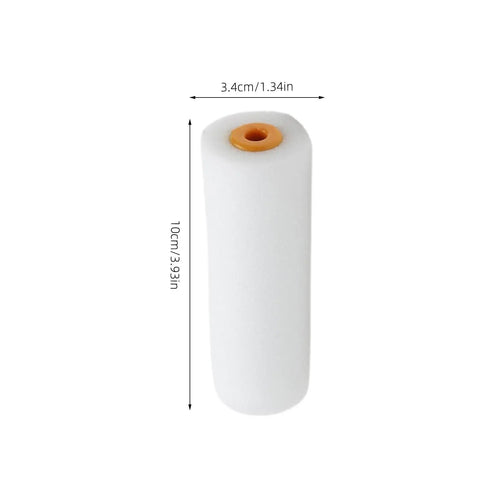Ten Pack Of White Sponge Paint Roller Covers For Walls And Ceilings No Drama Mini Size showing a single mini foam roller cover dimensions 10cm by 3.4cm.