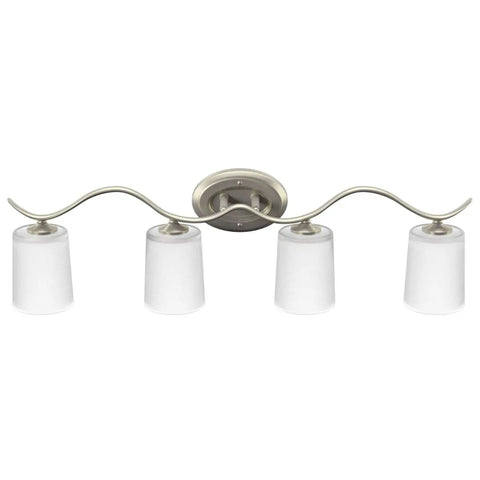 Inspire Collection Four-Light Bath Vanity Light with etched glass shades in brushed nickel finish, front view